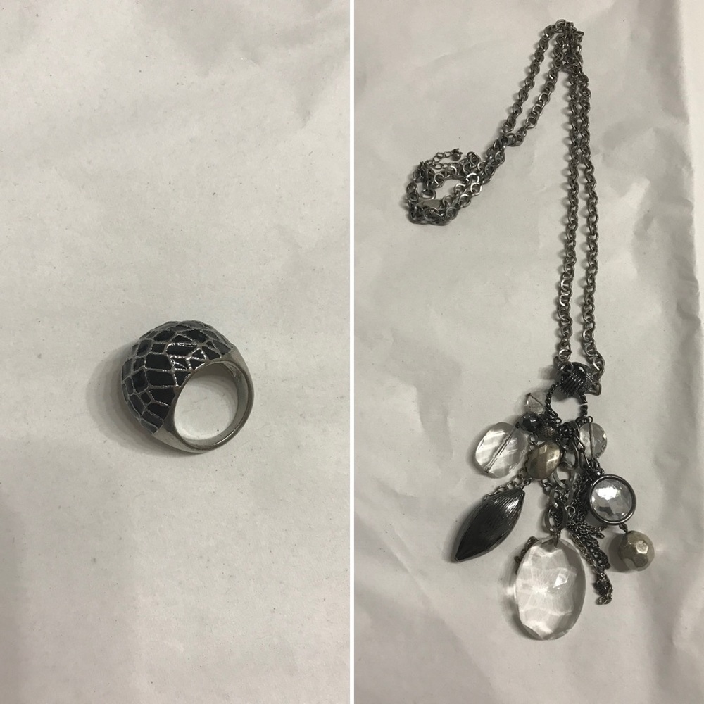 ‼️ Black/Silver Ring & Long Charms Necklace‼️